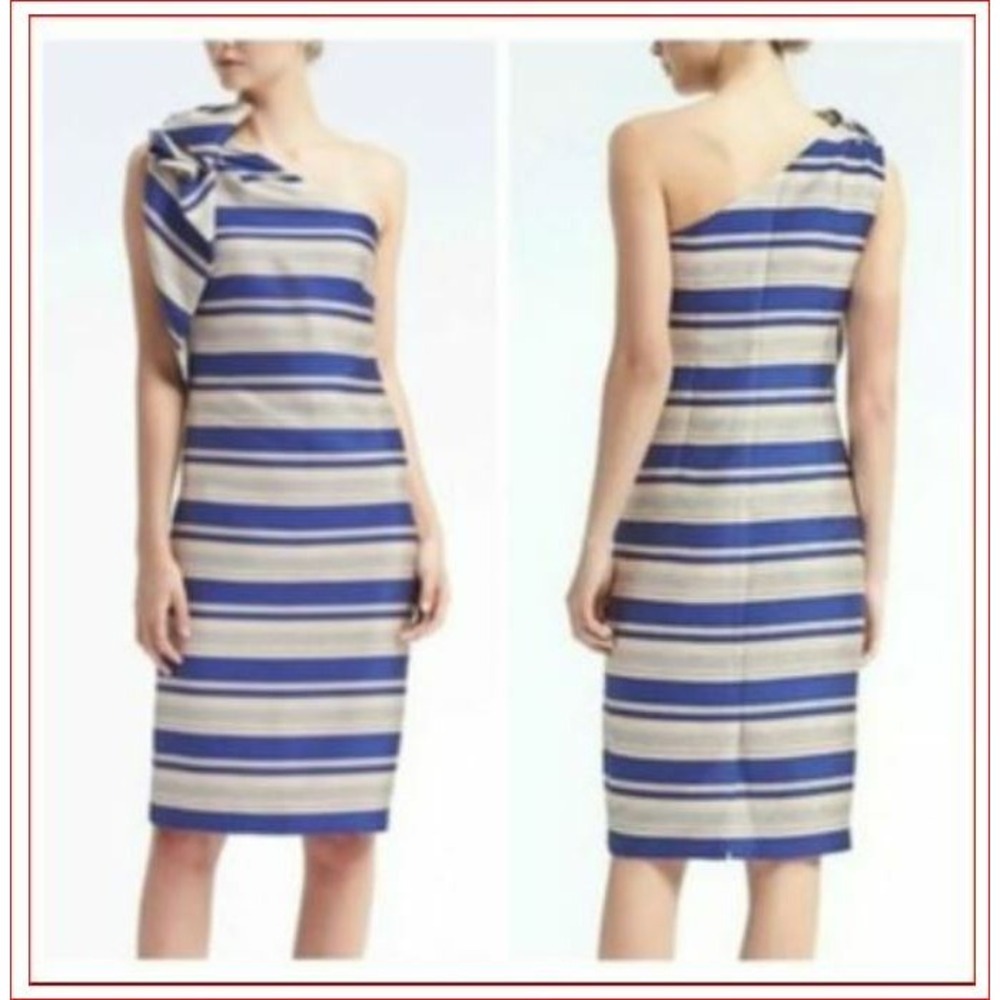 Banana Republic One Shoulder Striped Ruffle Dress Blue Beige 782970 Size 2